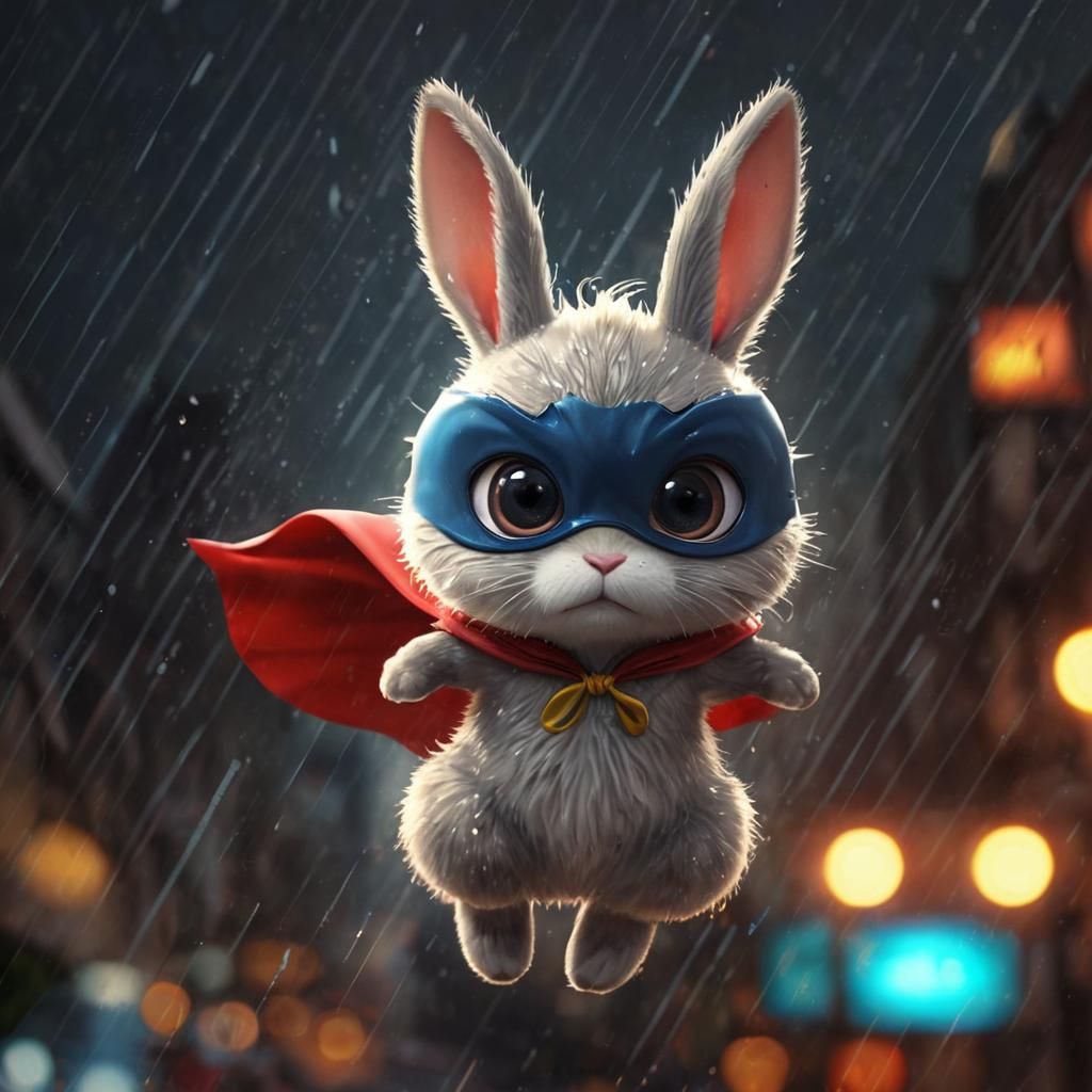 Majestic Rain-Drenched Super Bunny in Flight