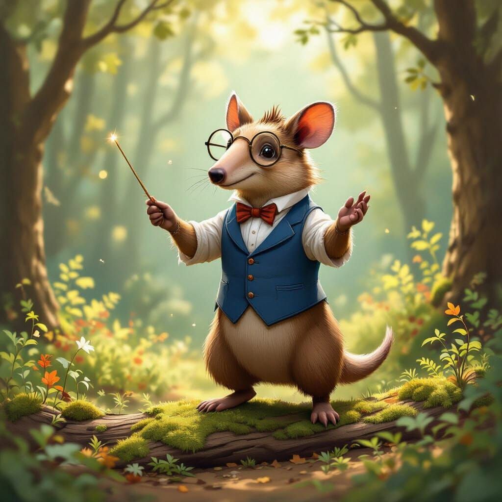 Aardvark Conductor in Enchanted Forest, Painterly Style