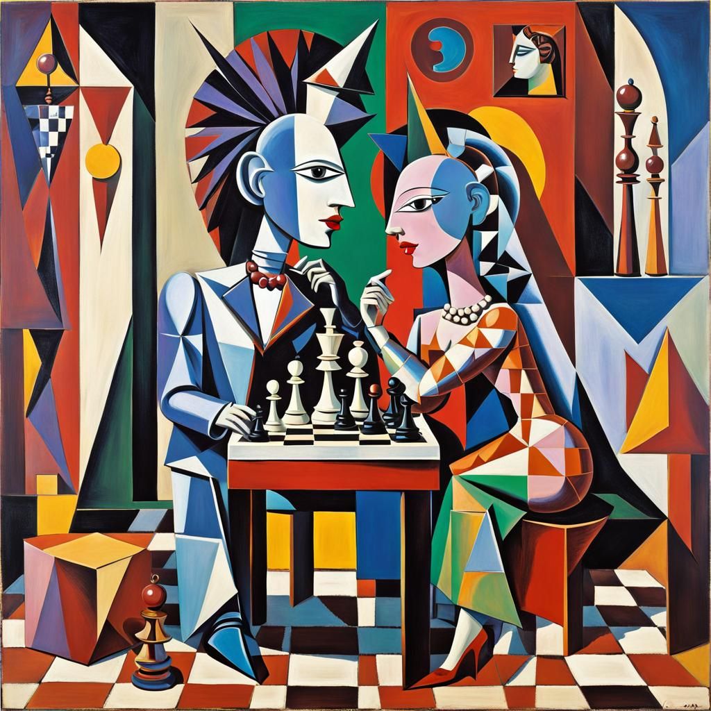 Cubist Couple Playing Chess with Purple Accents