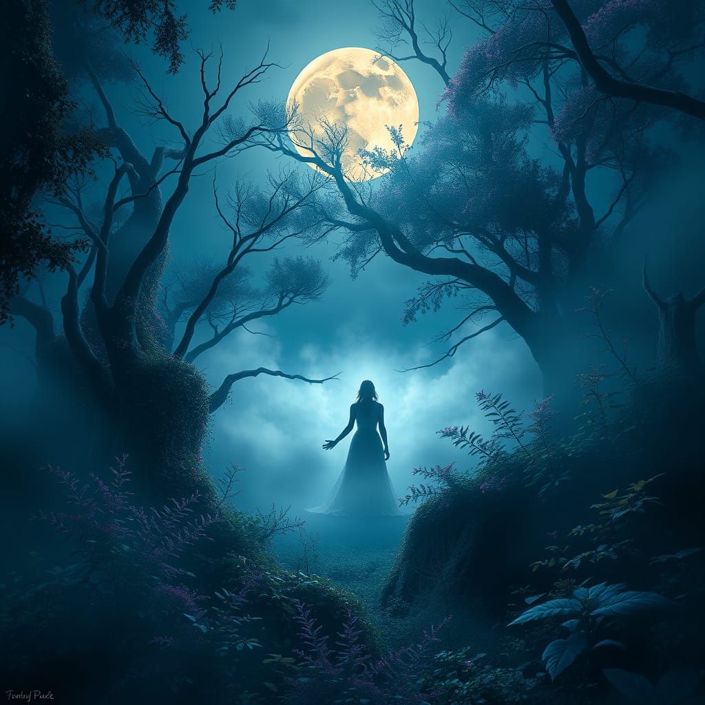 Ethereal Moonlit Figure in Lush Landscape