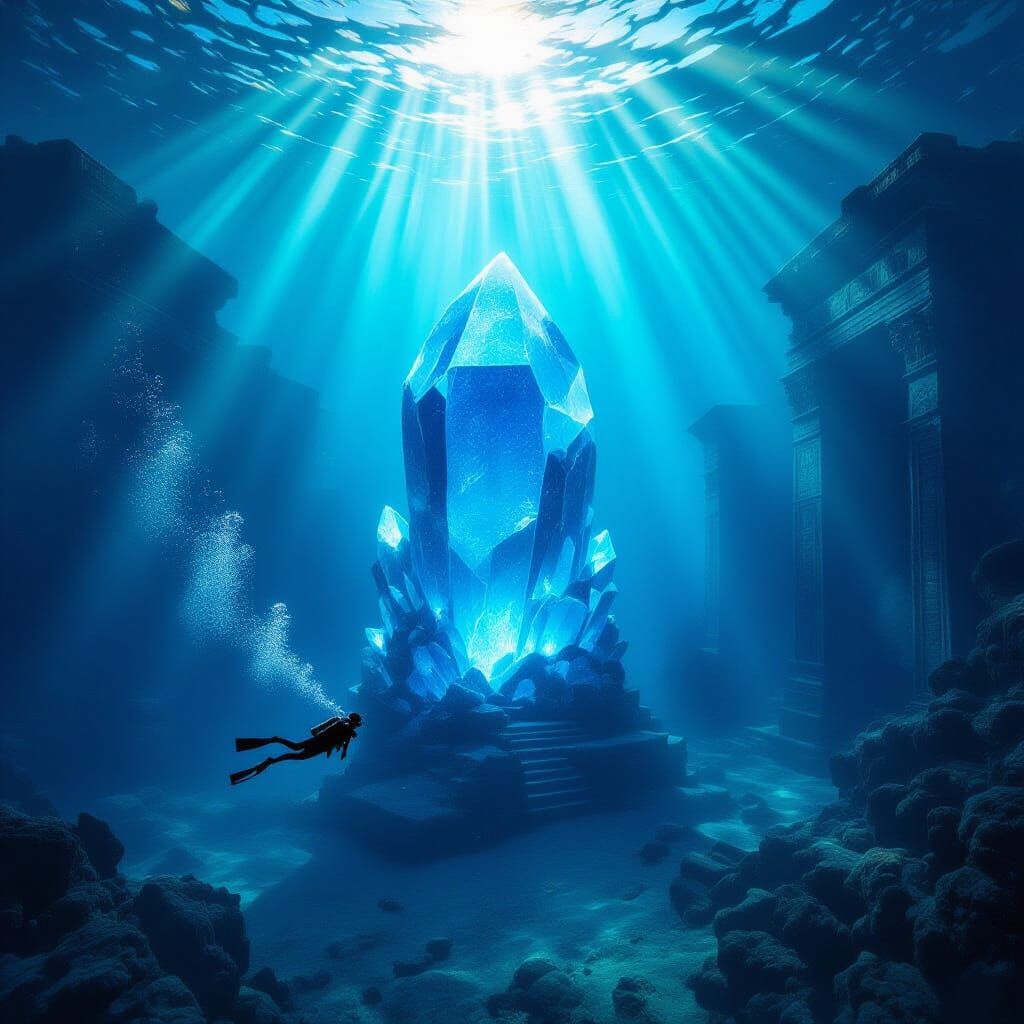 Diver Explores Radiant Atlantis Ruins in Cinematic Style