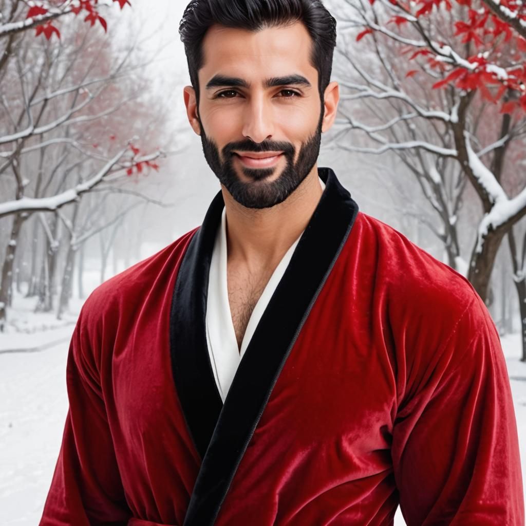 Man in Red Velvet Robe in Snowy Forest
