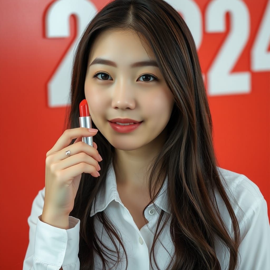Asian Woman with Lipstick on Red 2024 Background