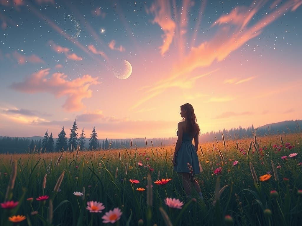 Dreamcore early night sky with field