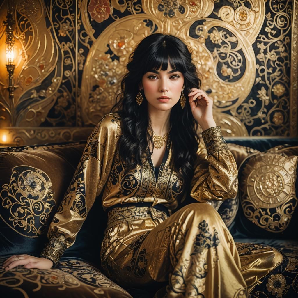 Woman on Velvet Couch in Art Nouveau Style