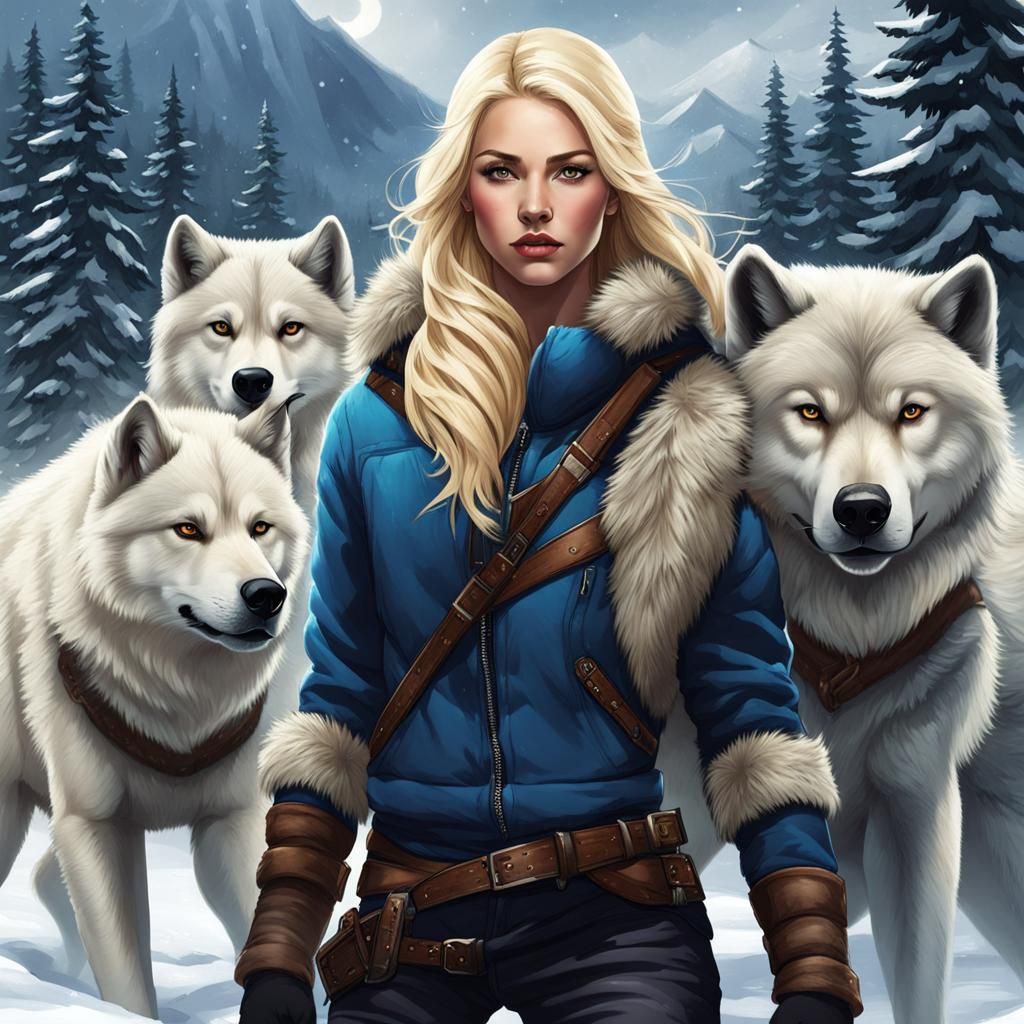Half-Bear Woman Protected by Wolves in Snow