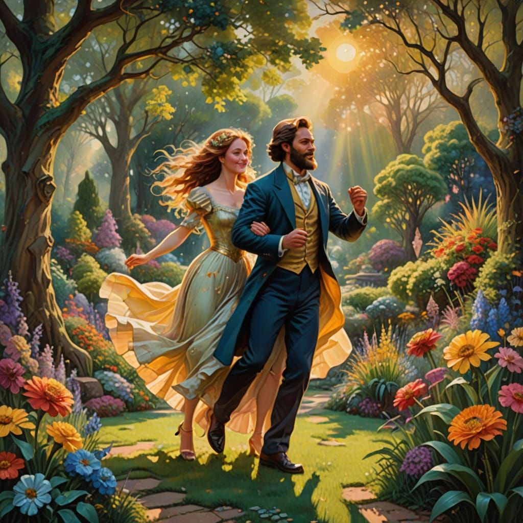 Dreamy Lion Human Dance in Vibrant Garden