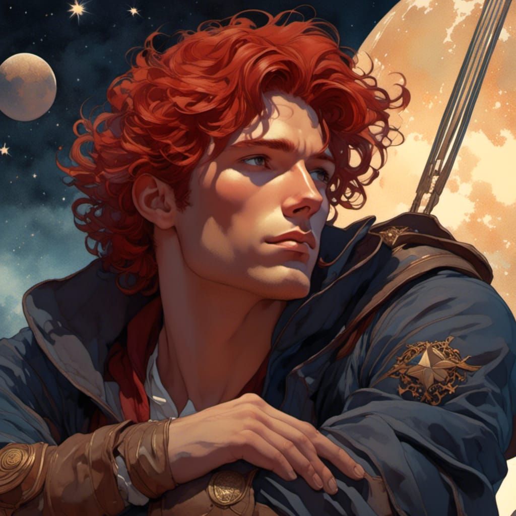 Burgundy Haired Man Contemplating Life in Watercolor Style