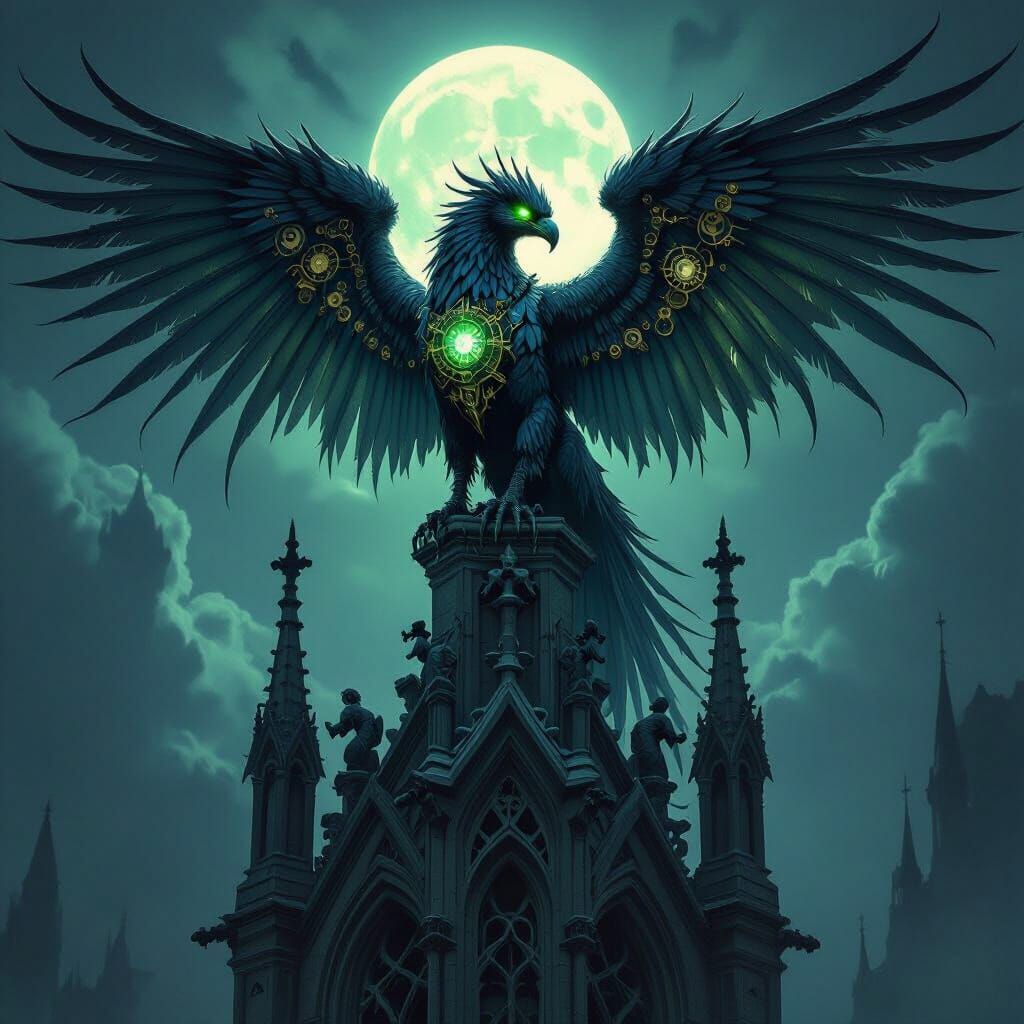 Mechanical Griffin on Gothic Spire in Moonlight