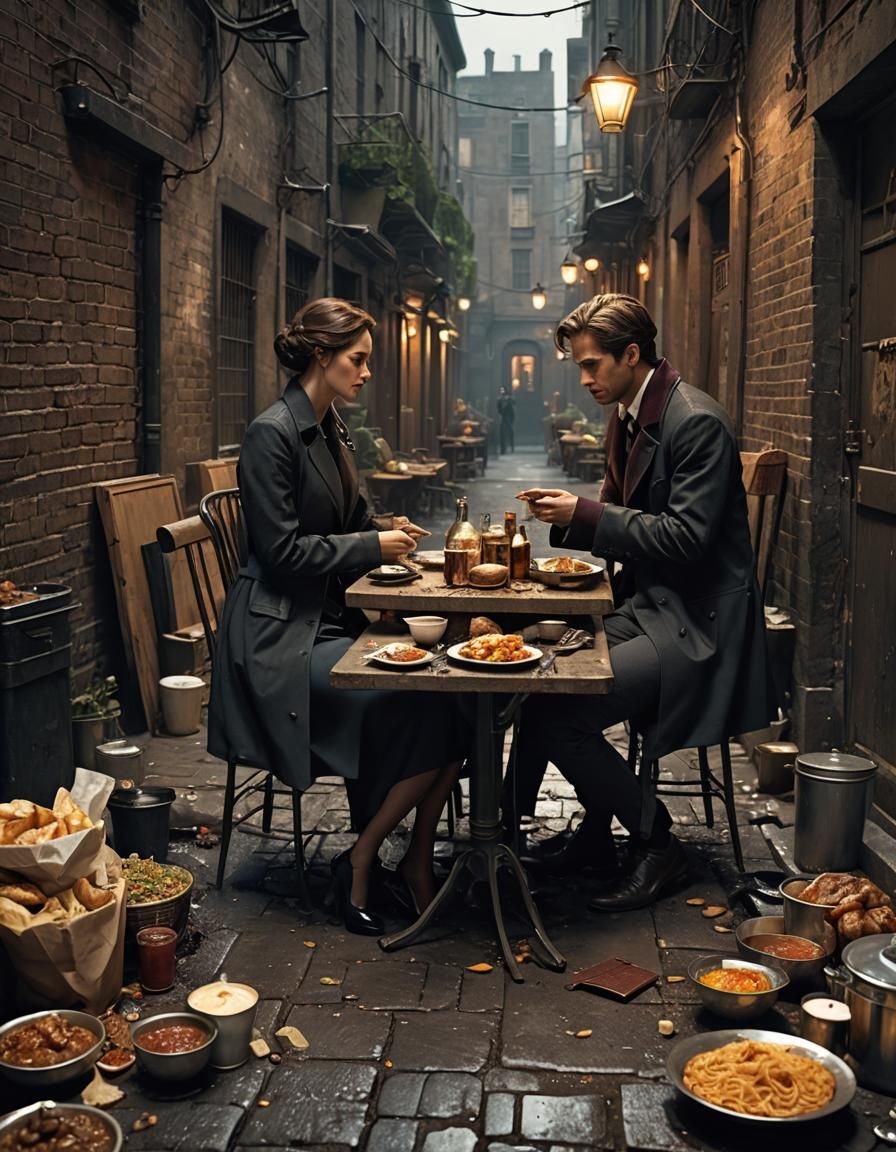 Elegant Dining Amidst Urban Decay in 8K