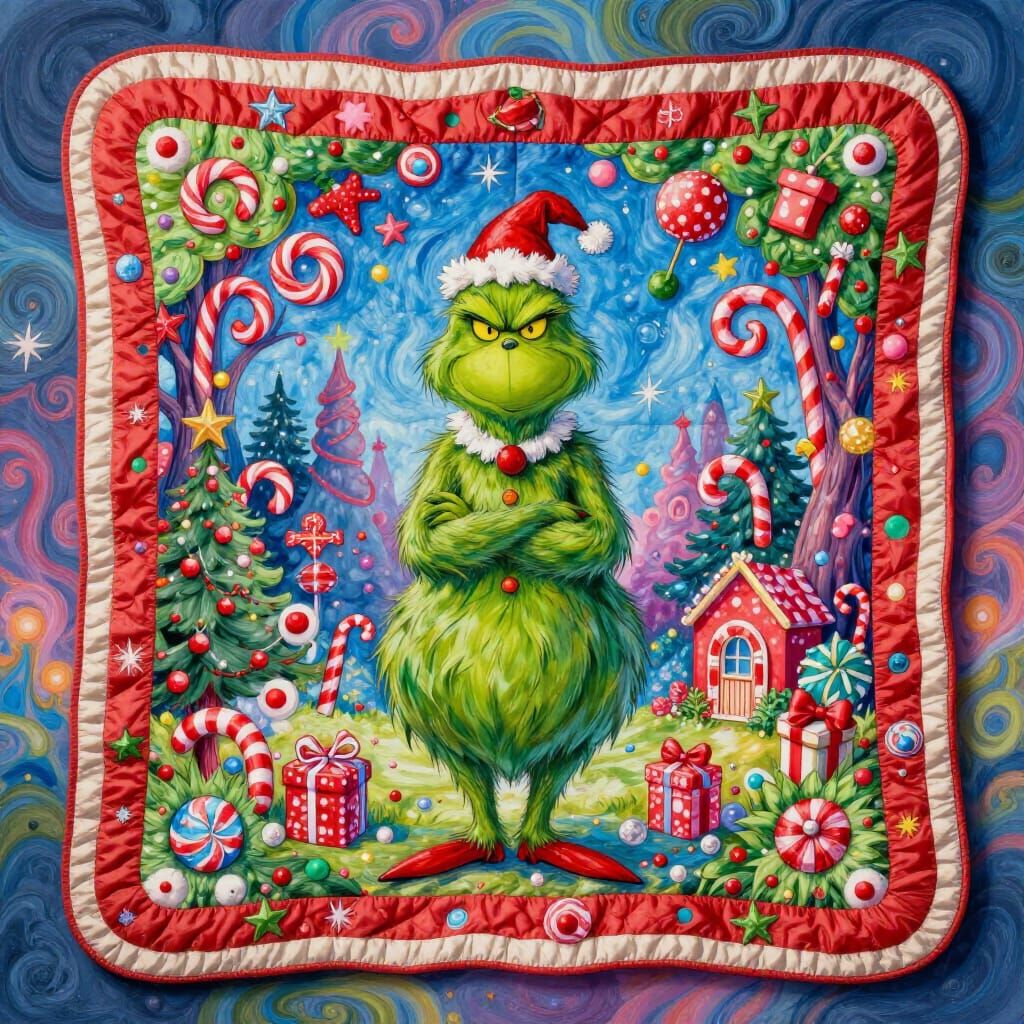 Whimsical Grinch Quilt with Candy Designs