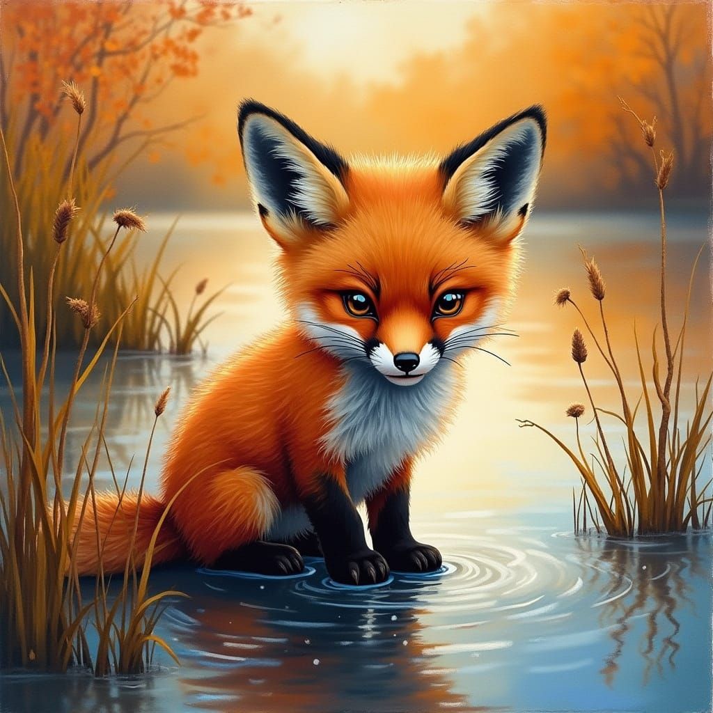 Playful Fox Cub at Autumn Sunrise Watercolor Painting