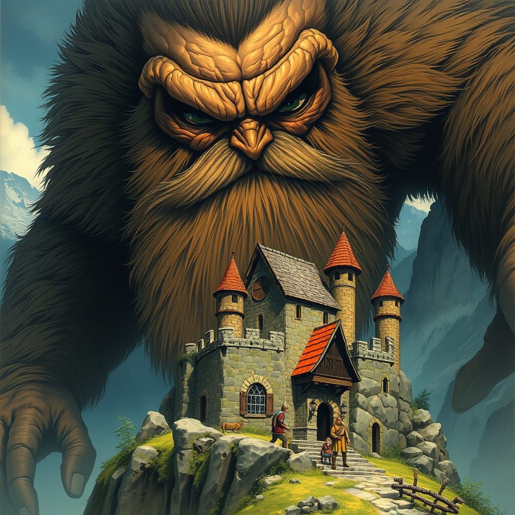 Epic Fantasy Giant Looms Over Medieval Castle in Dark, Earth...