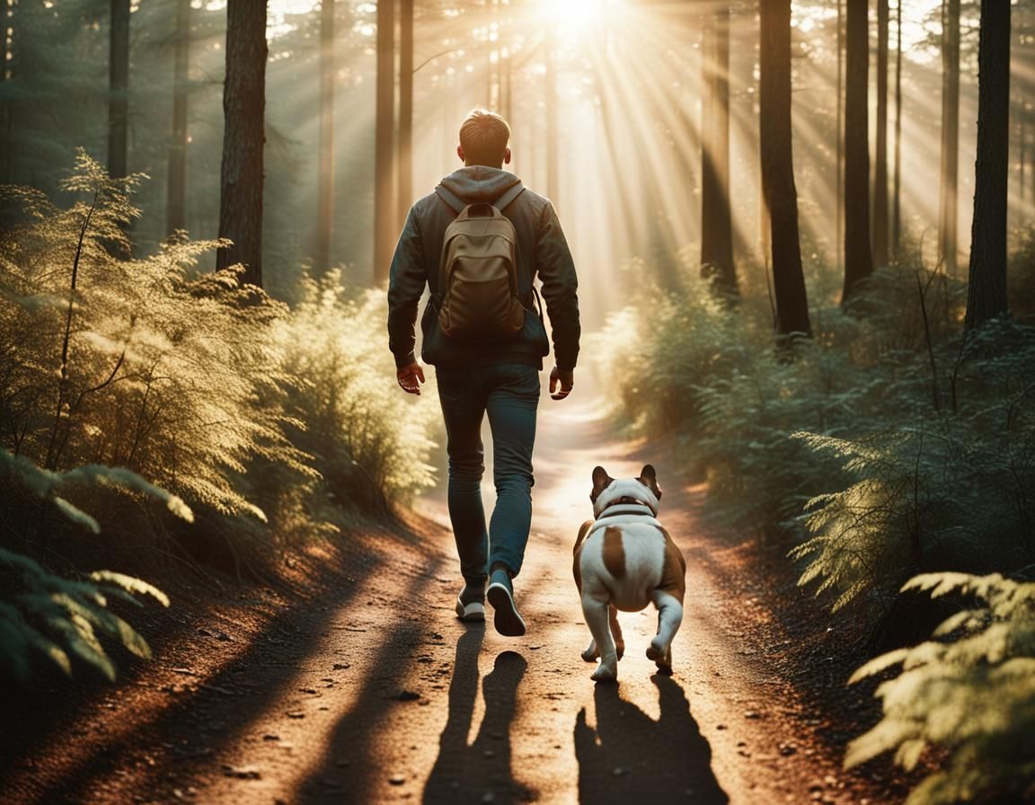 Man and Bulldog in Forest at Sunrise