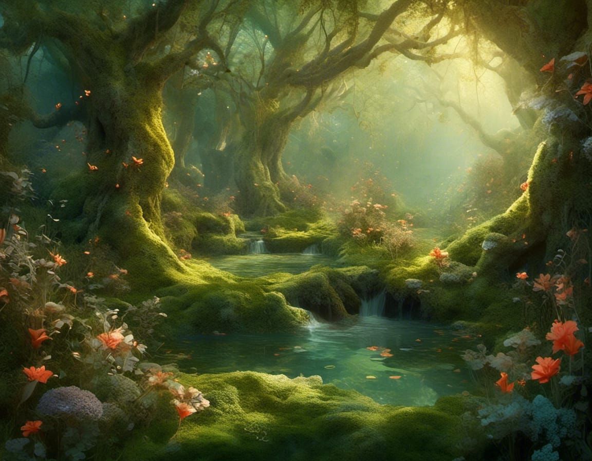 Mystical Garden Pixies in Soft Oil Painting Style