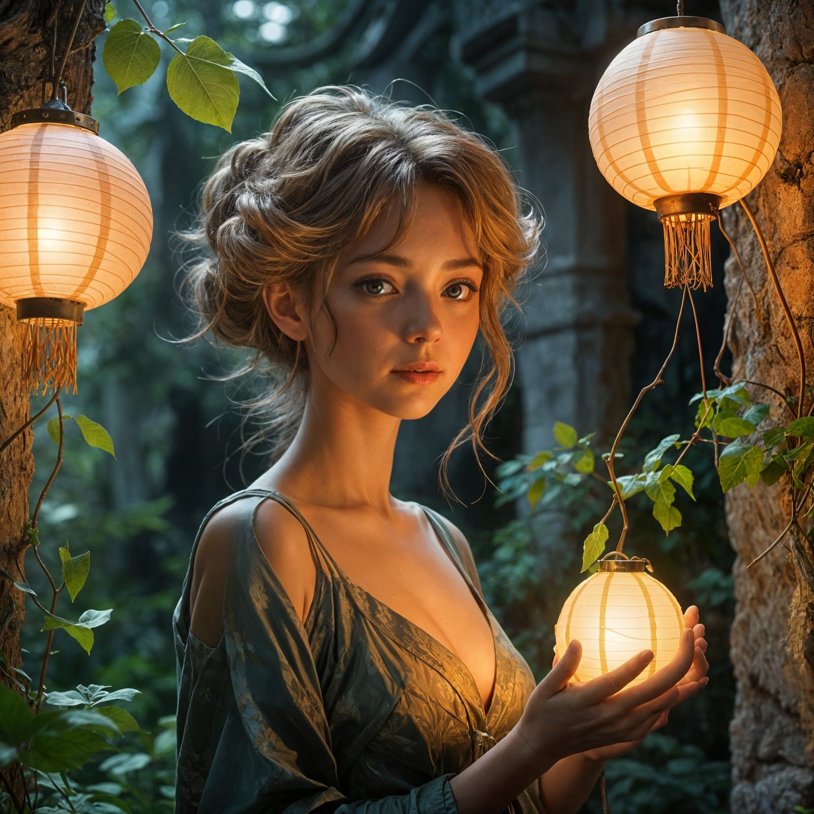 Mysterious Plant-Woman in Overgrown Ruin: Anime Style