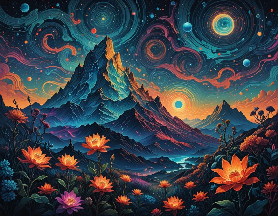 Dreamlike Mountain Landscape with Cosmic Aura and Ethereal G...