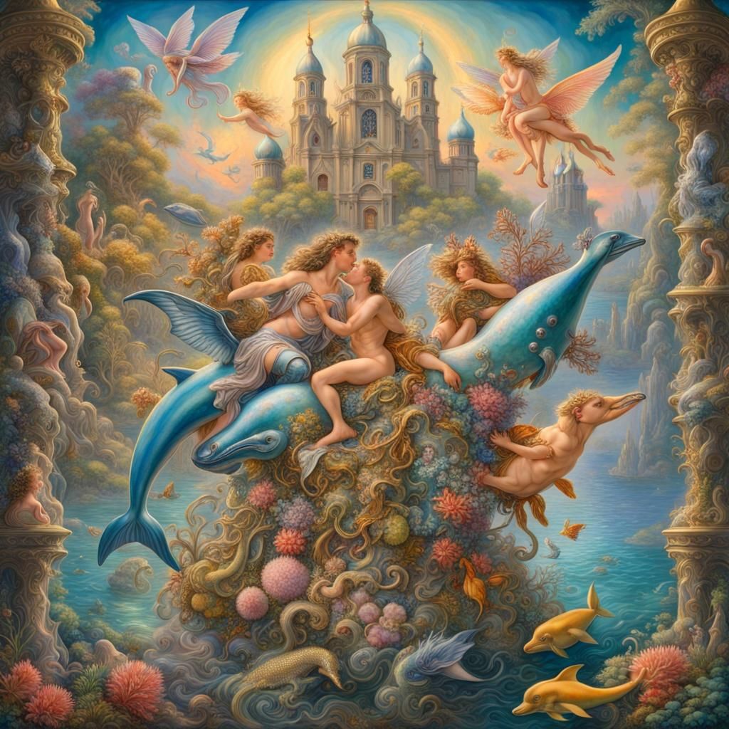 Hyperreal Fairies on Dolphins in Fantasy Landscape