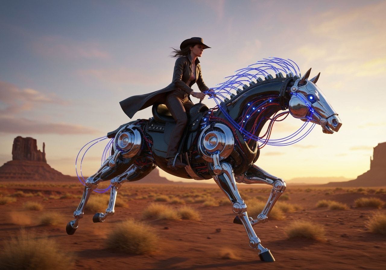 Cowgirl Rides Biomechanical Horse in Monument Valley