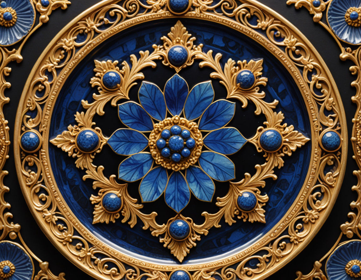 Ornate Baroque Still Life with Golden Ceramics and Azure Flo...