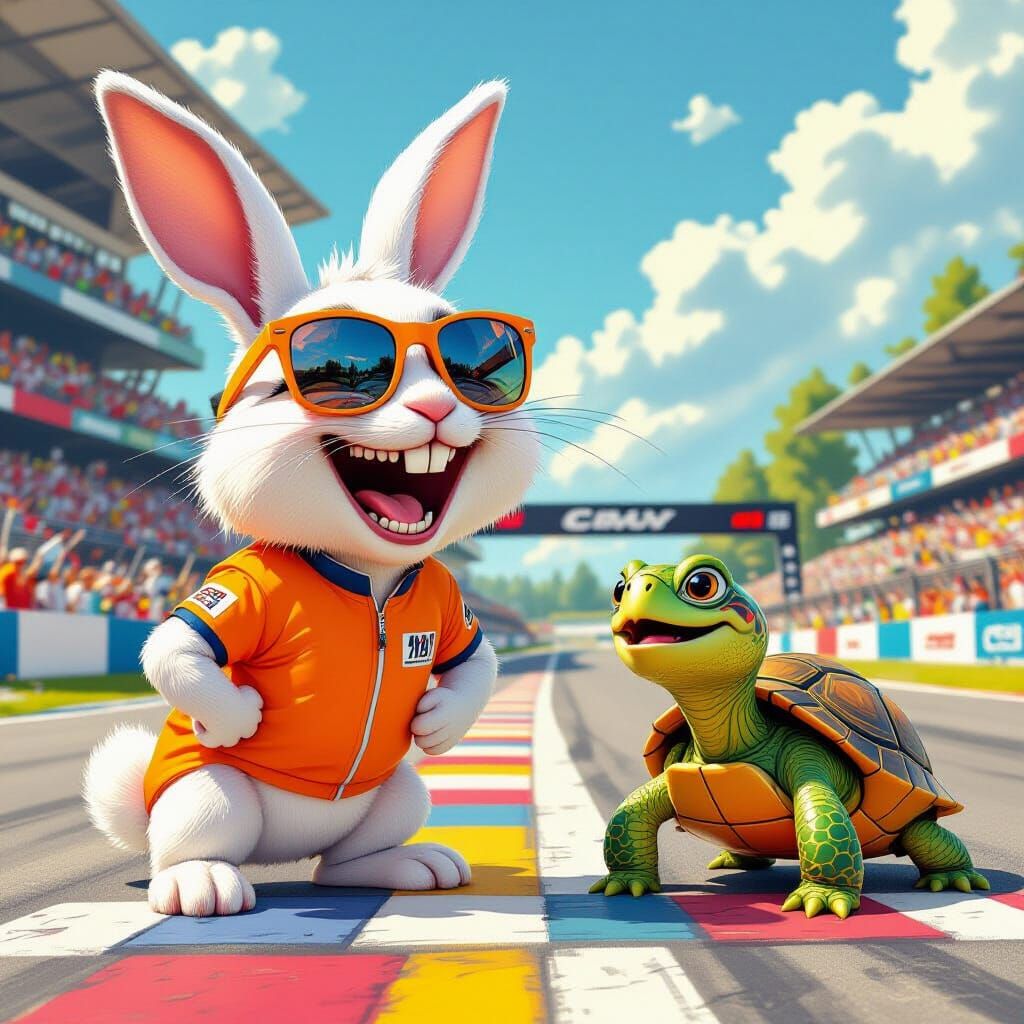 Laughing Bunny at Racetrack, Whimsical Art Style