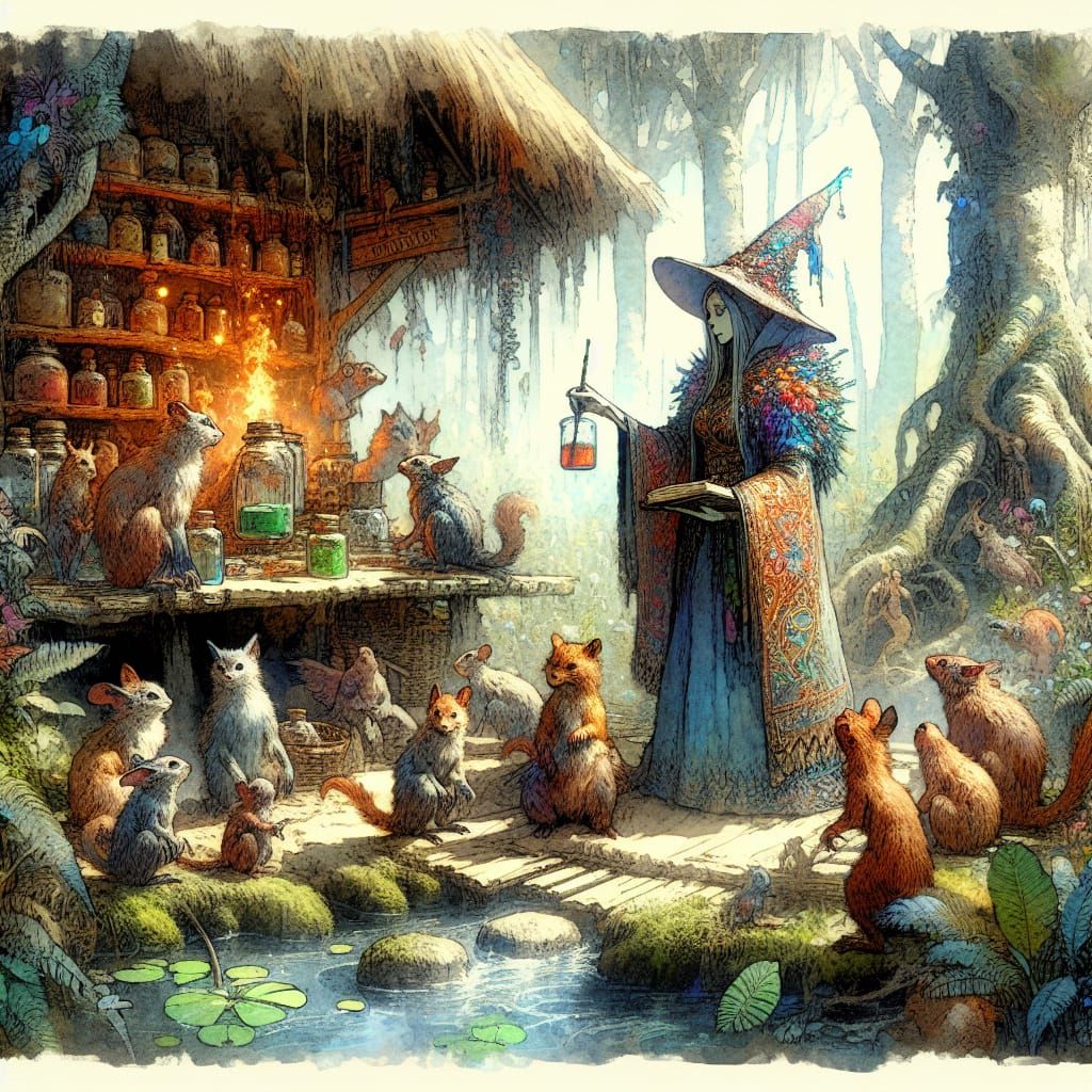 Bog Witch in Watercolor-Inspired Swamp Hut