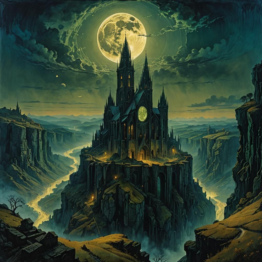 Dark Fantasy Cathedral Overlooks Valley Under Harvest Moon