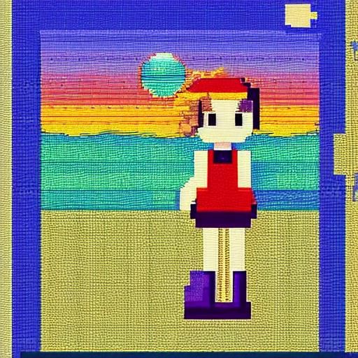 Sad Anime Girl at Sunset in 8-bit Pixel Art
