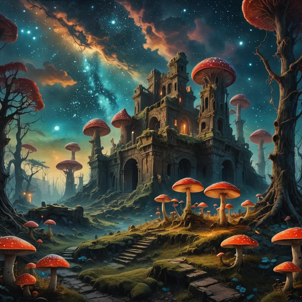 Mystical Forest Landscape with Glowing Mushrooms at Night