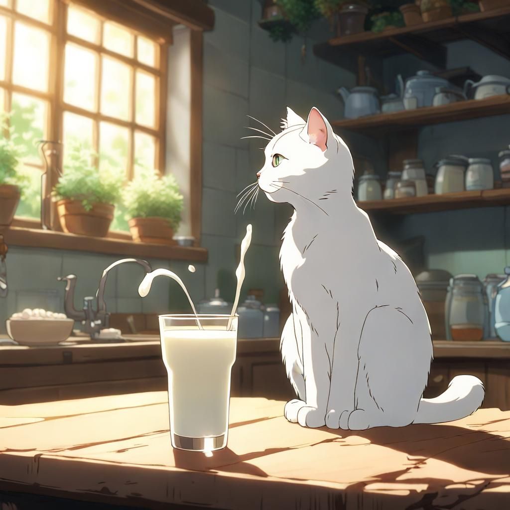 Cute White Cat Drinks Milk: Ghibli-Inspired Anime