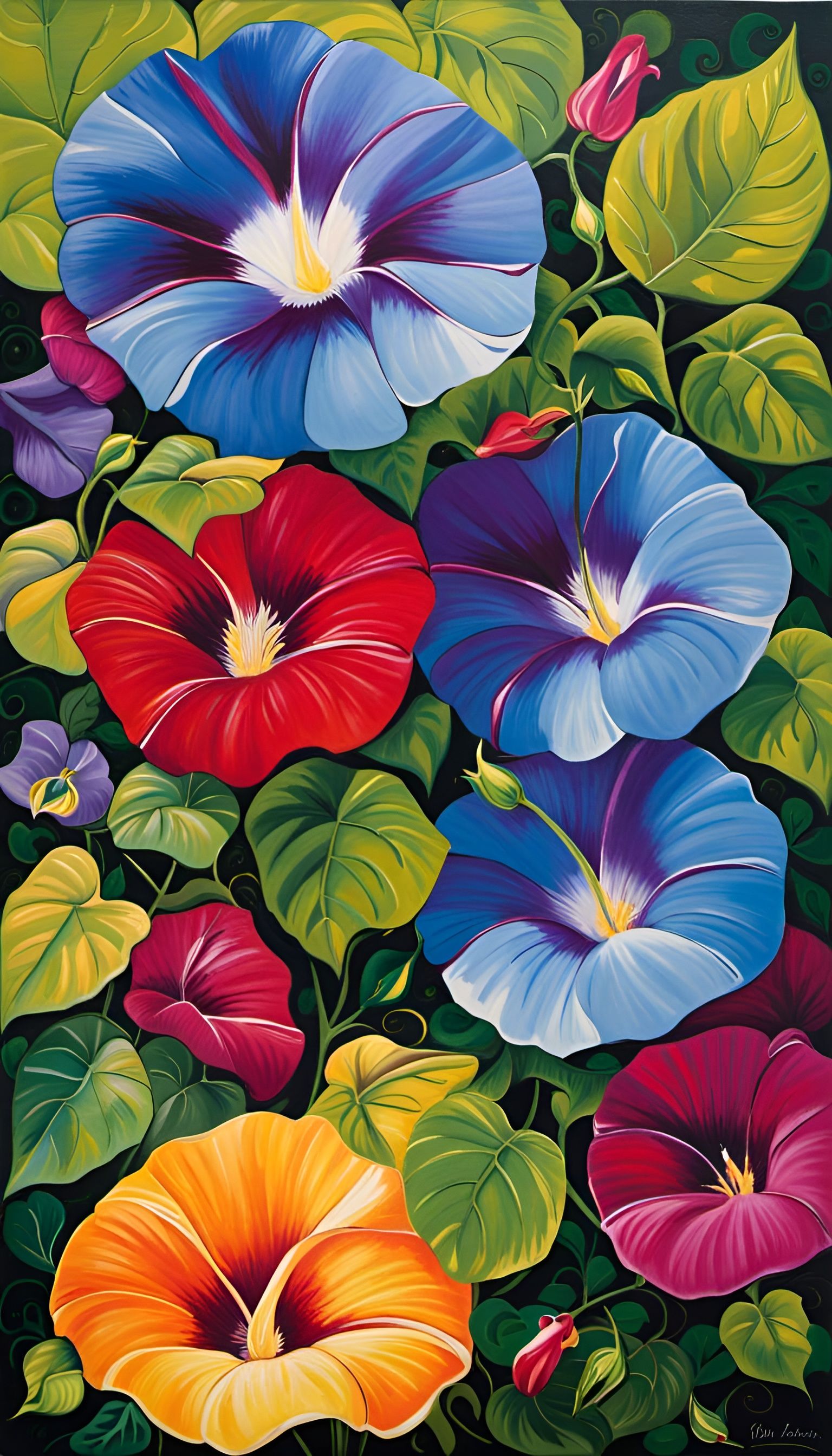 Vivid Morning Glories in Impasto Oil Painting Style
