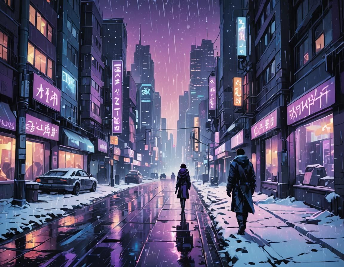 Snowy Cyberpunk Cityscape in Manga Style