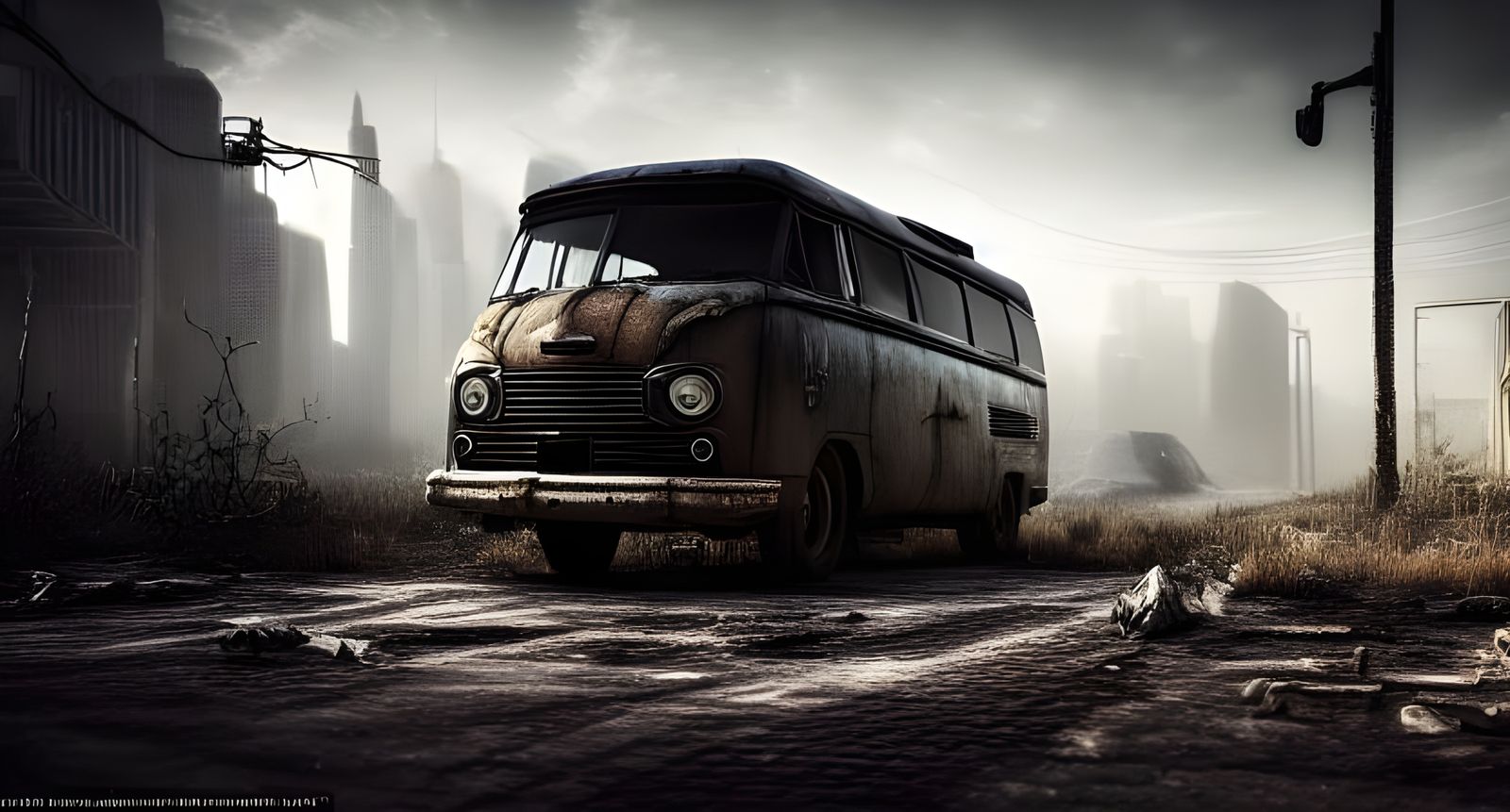 Van Navigating a Post-Apocalyptic World in Hyperrealism