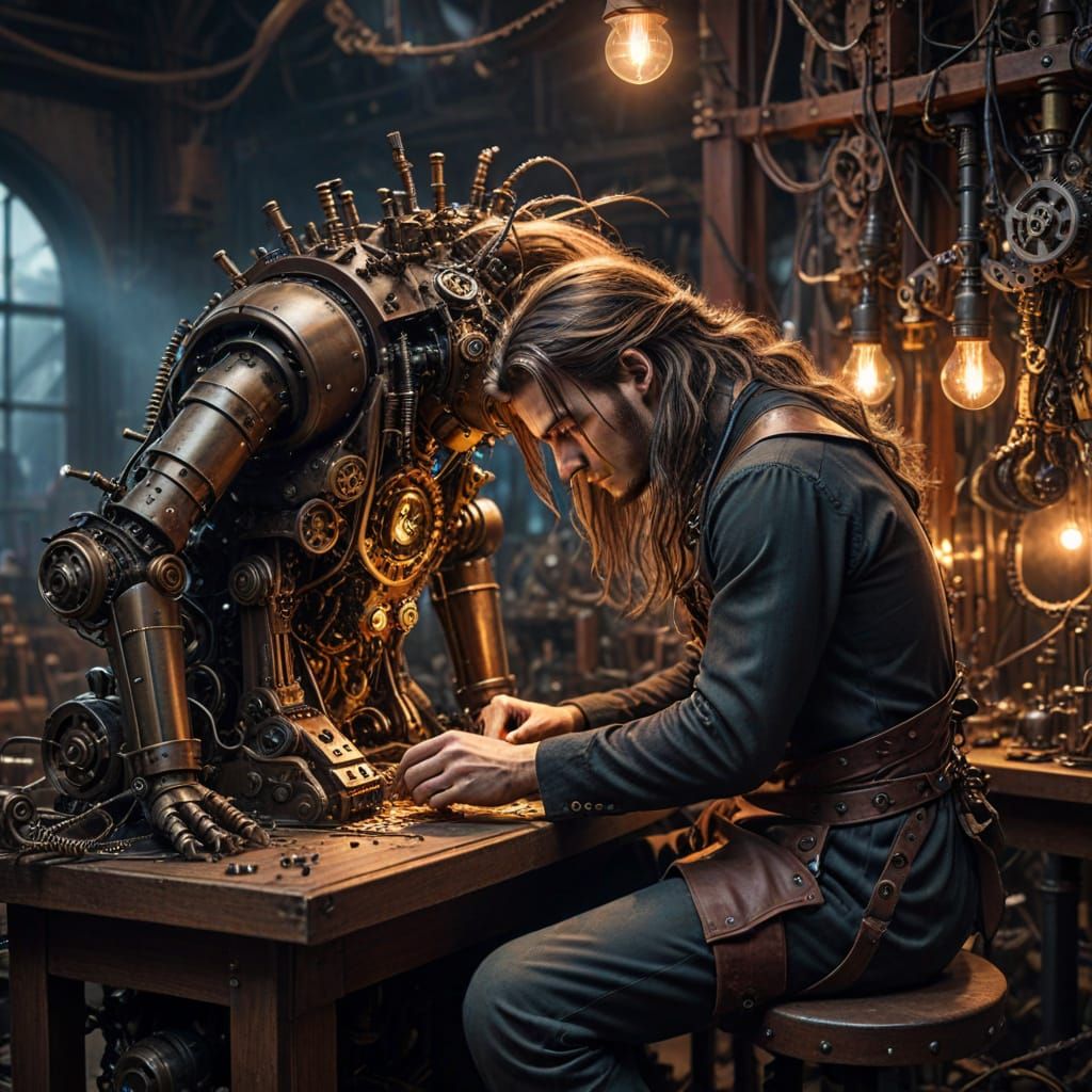 Steampunk Inventor in Whimsical Workshop