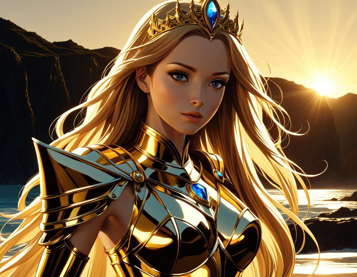 Ethereal Princess in Golden Armor on Beach, Anime Style