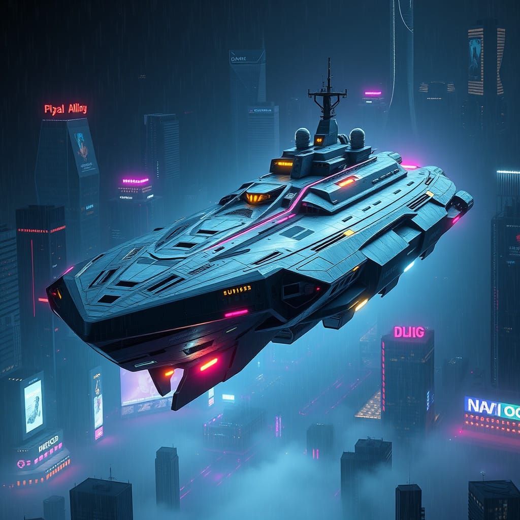 Colossal, Futuristic Flying Ship Dominates Dystopian Citysca...