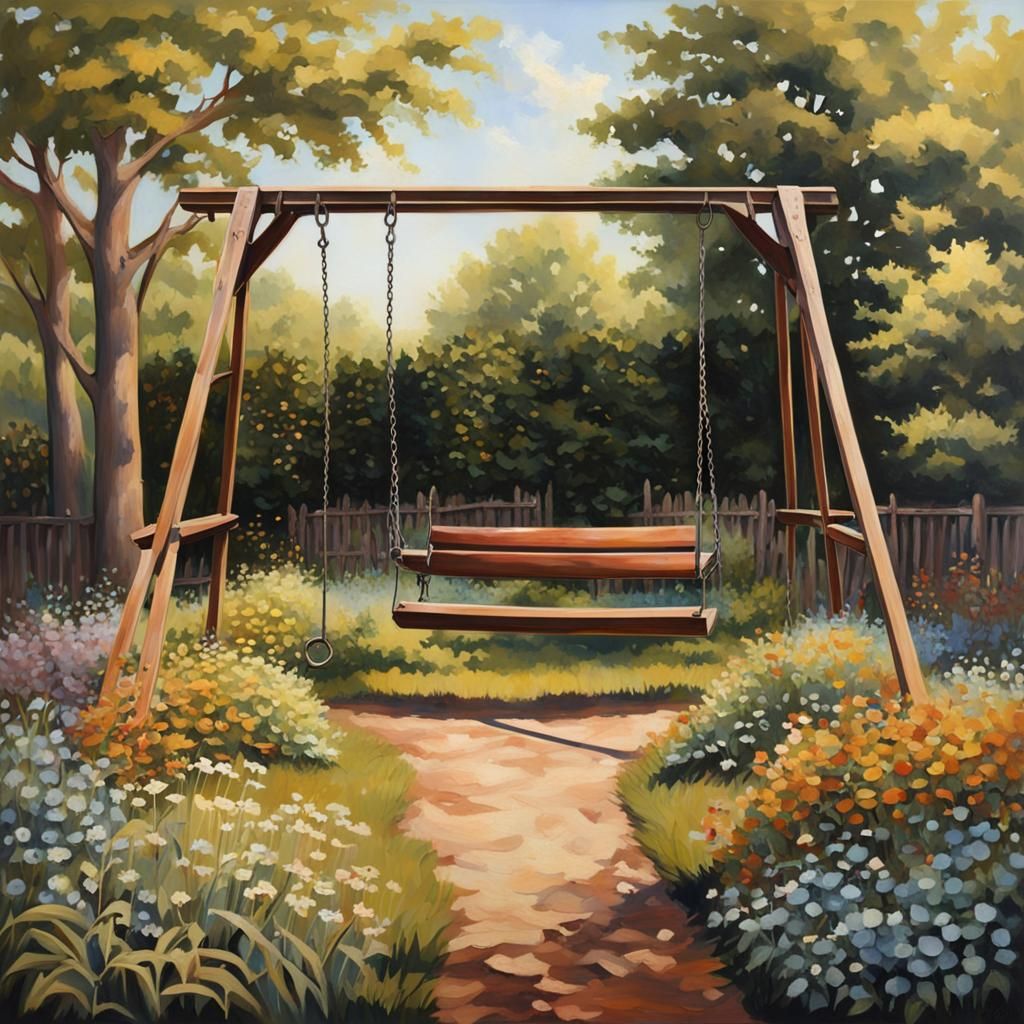 Nostalgic Swing Set in Overgrown Garden Painting