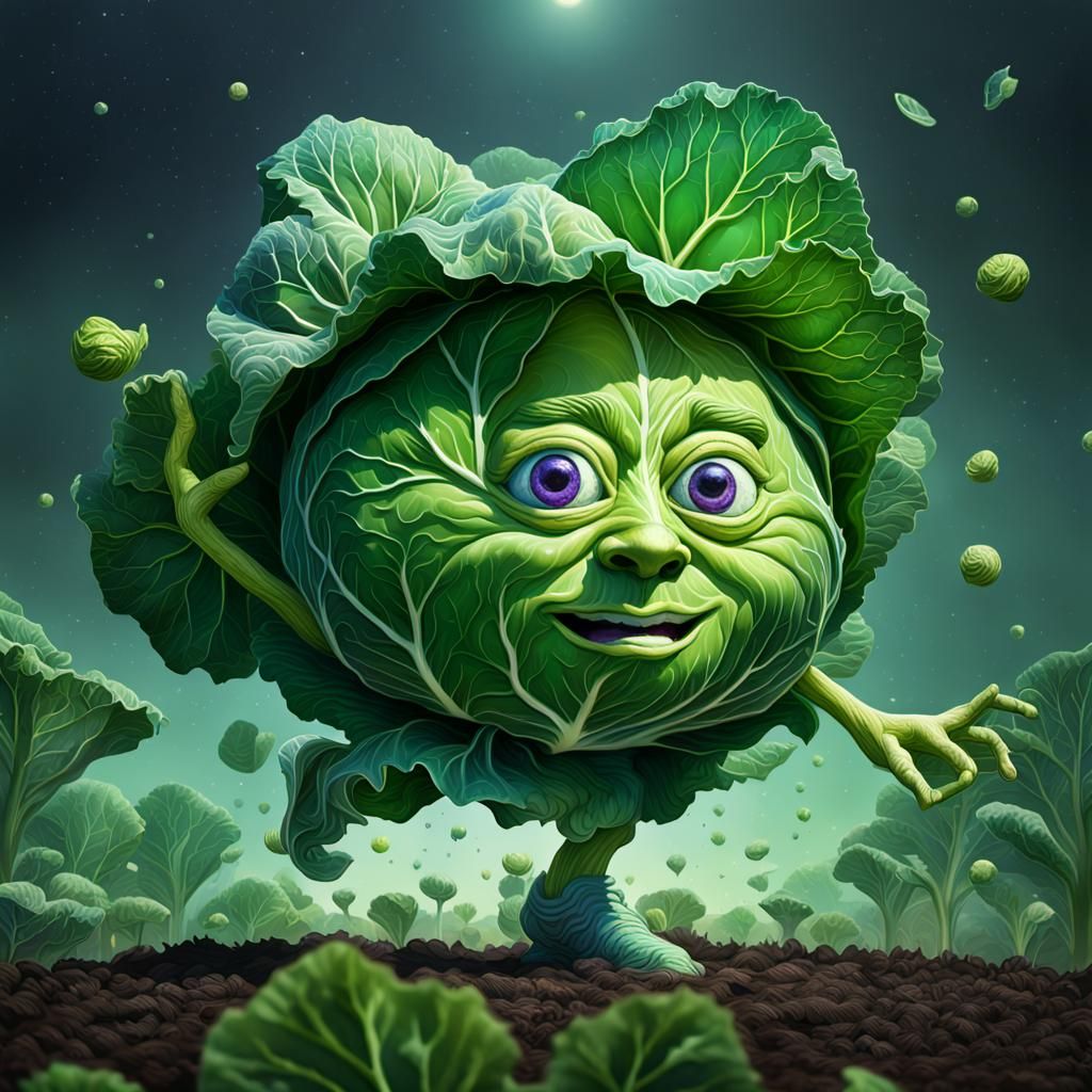 Dancing Cabbage with Funny Face in Garden