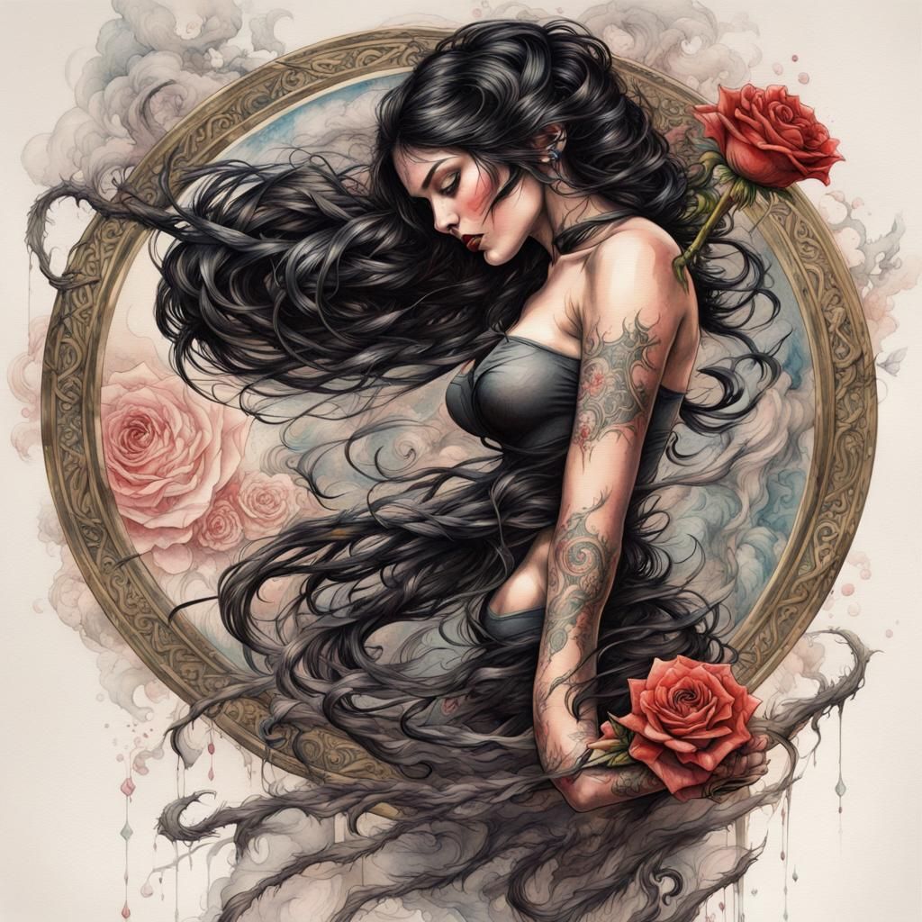 Gothic Pinup with Rose Whip in Art Nouveau Style