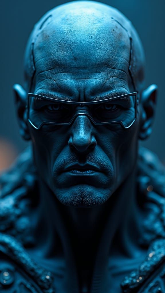 Cybernetic Man in Blue Light: Hyper Realistic Masterpiece