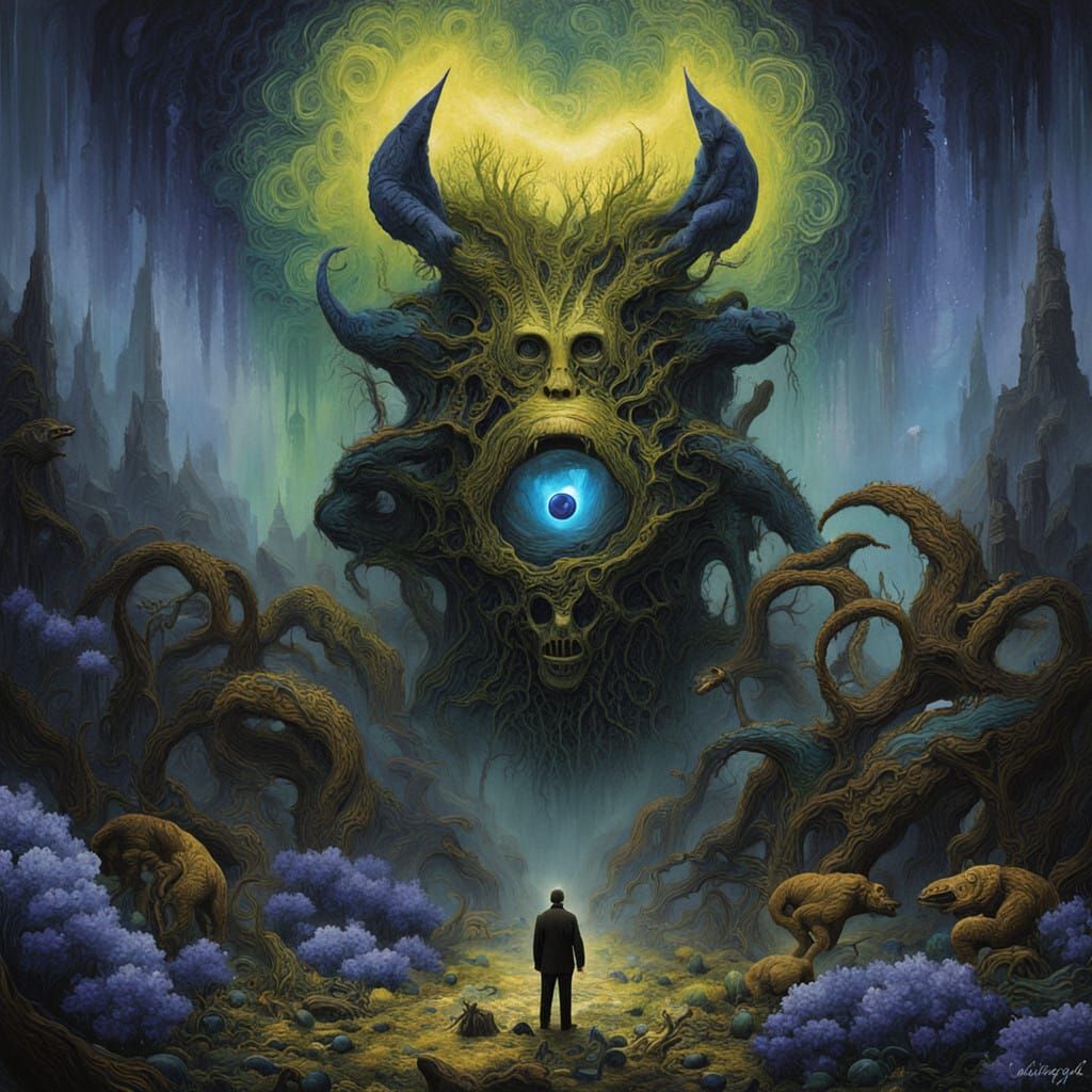 Mysterious Guardian with Ethereal Eyes in a Distorted Realm