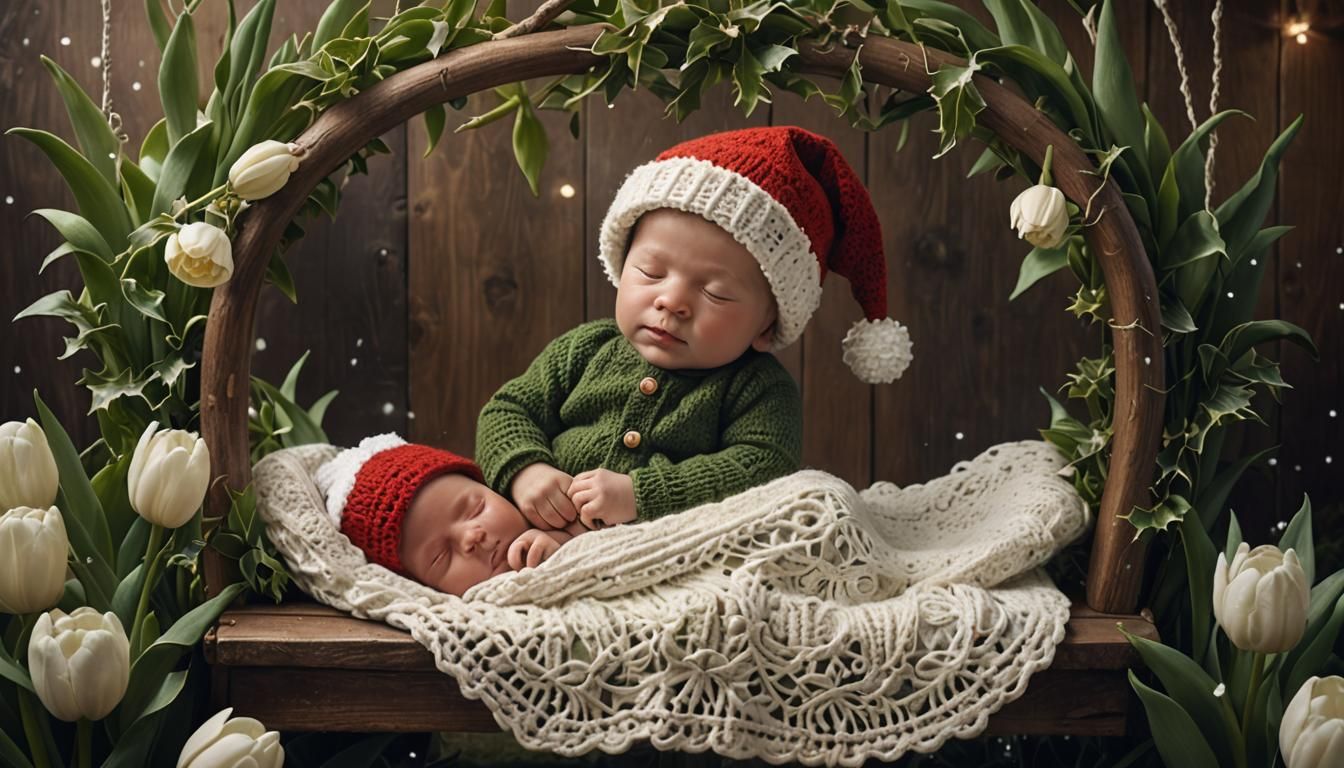Newborn in Santa Hat on Swing: Christmas Fantasy