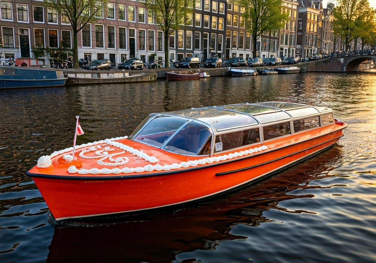 Tompouce Boat on Amsterdam Canal: Photorealistic Sunrise