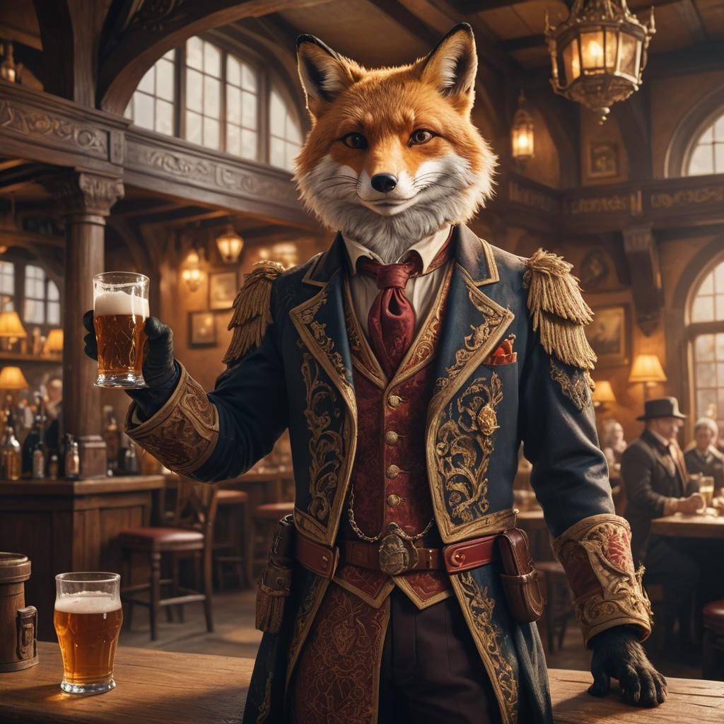Regal Fox Butler with Beer in Ornate Tavern