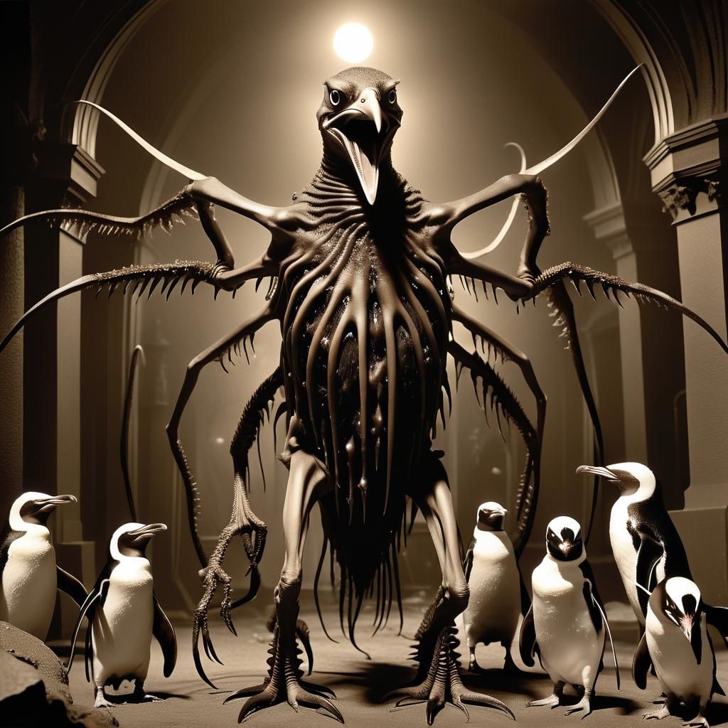 Lovecraftian Chaos Daemon and Penguin in Sepia