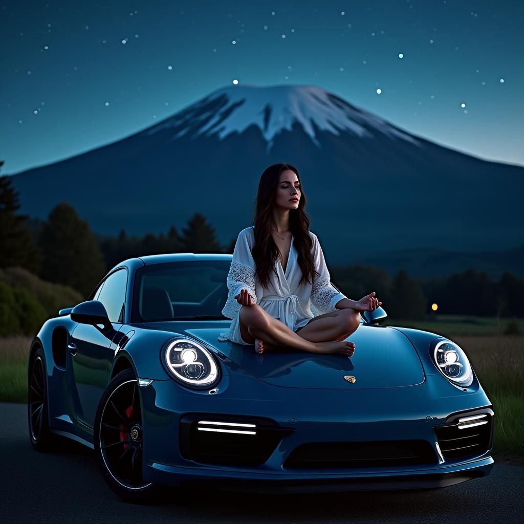 Meditative Woman on Porsche Under Starry Sky