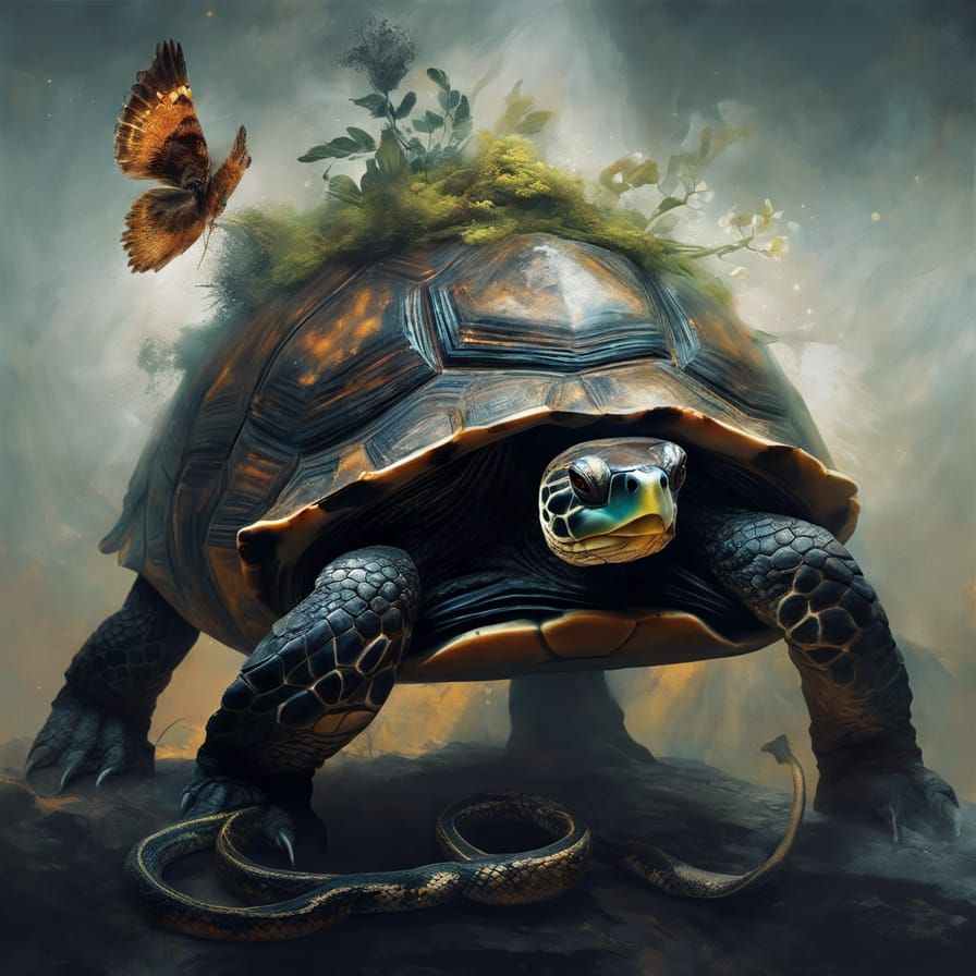 Mystical Bird-Headed Turtle Creature in Abstract Expressioni...