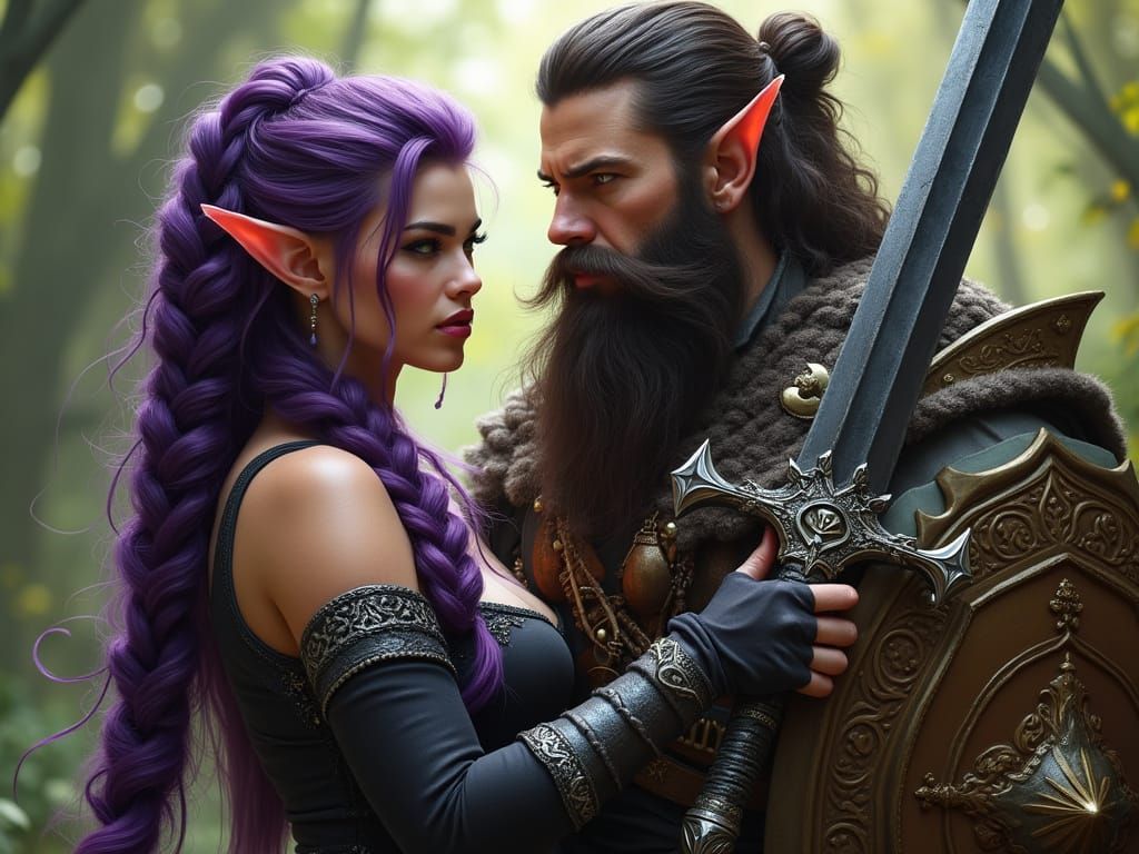 Elegant Curvy Elf with Regal Purple Braid and Majestic Warri...