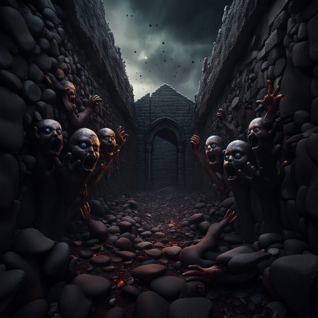 Nightmare Stone Wall with Reaching Faces: Detailed Digital A...