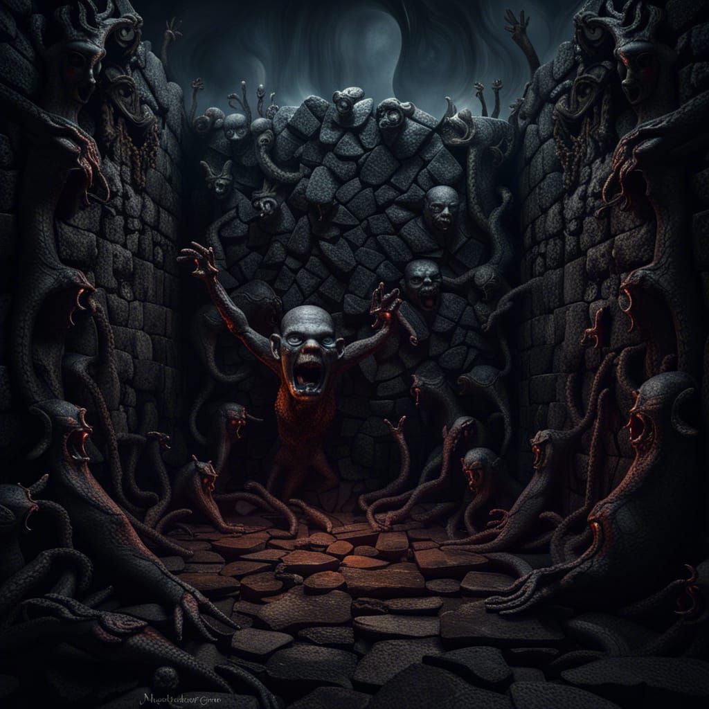 Nightmare Stone Wall with Reaching Faces: Fantasy Concept Ar...